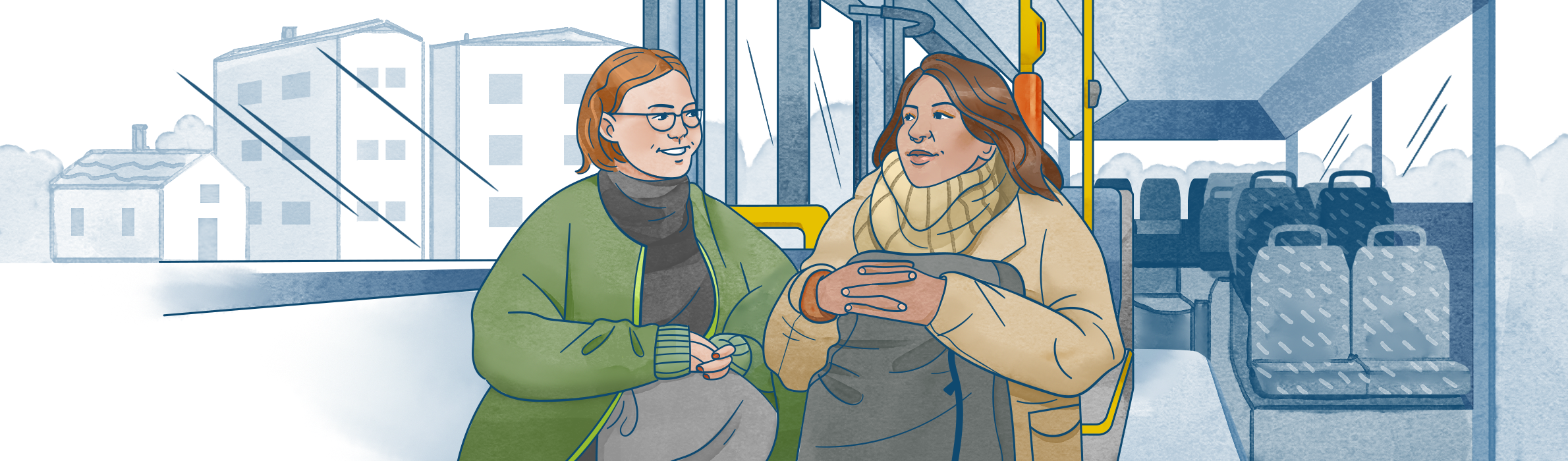 Illustration av två unga kvinnor som åker buss av Frida Hagman